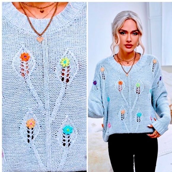 NWT! COLORFUL FLOWER HAND EMBROIDERED DROP SHOULDER POINTELLE KNIT SWEATER-GRAY! - Picture 2 of 14